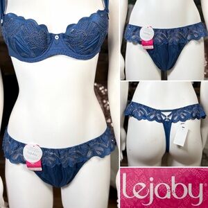 Lejaby Blue Embroidered Scalloped Trim Tanga Style Thong Panty Underwear, Sz XL